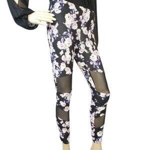 NWT Floral Mesh Panel Leggings No Comment NY LA Black & White pink flowers gym